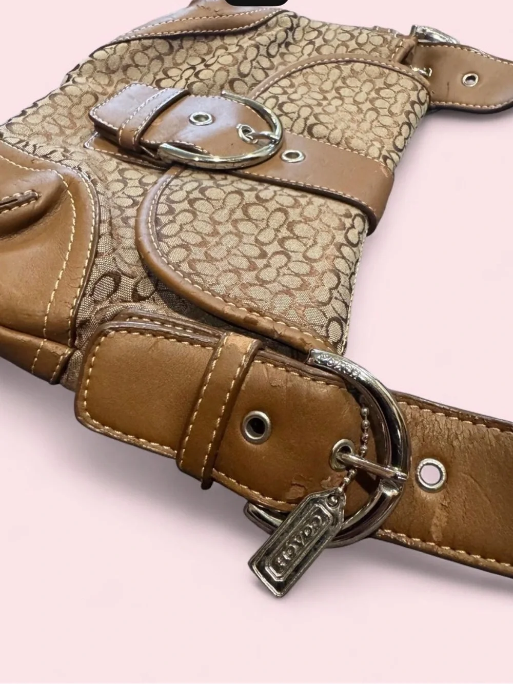 Vintage Coach Signature Soho Canvas & Leather Shoulder Bag Y2K Tan Brown